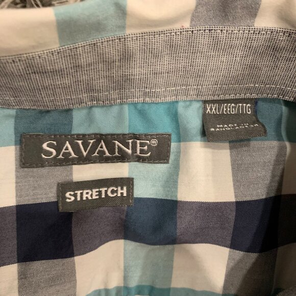 Savane Mens XXL Stretch short Sleeve Button Up Dress Shirt Black White Check - Picture 2 of 3